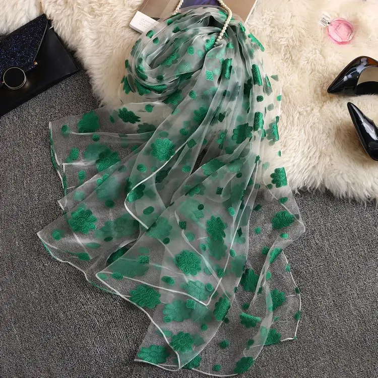 AA10202 green Женская легкая шаль из органзы имитированный длинный шелковый шарф мягкий цветочный пляжный шарф хиджабы для мусульманских женщин AA10202 - Цвет: AA10202 green