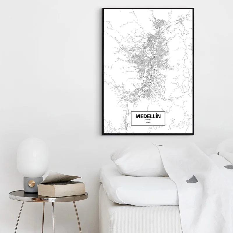 Медельине Колумбия черный белый цвет на заказ карта городов мира плакат холст