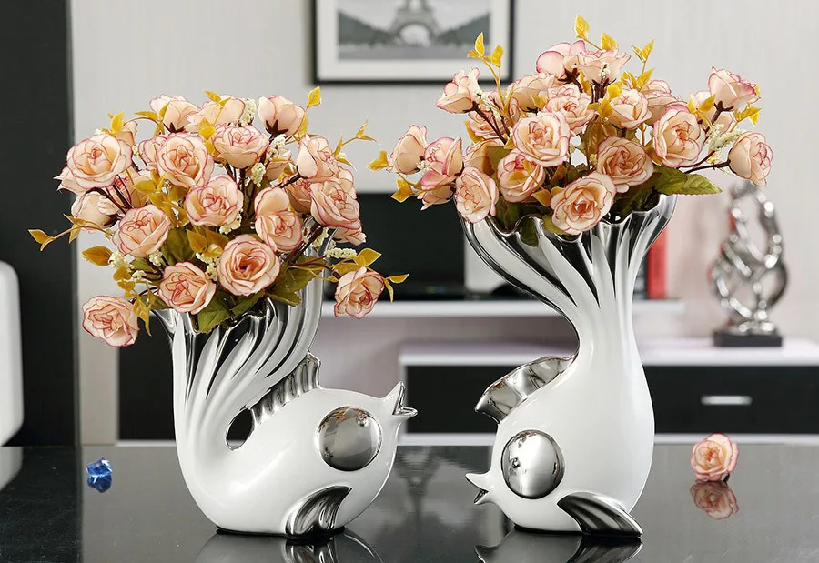 1 set With flowers 2 шт./компл. Золотая рыбка керамическая ваза с цветами декоративно-прикладного искусства пары рыбы вазы миниатюрные фигурки украшения дома свадебные подарки - Цвет: 1 set With flowers