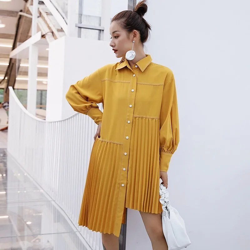 TWOTWINSTYLE, асимметричное платье-рубашка, женское платье-фонарик с длинным рукавом, плиссированное платье с подолом, женская модная одежда,, осенняя Новинка