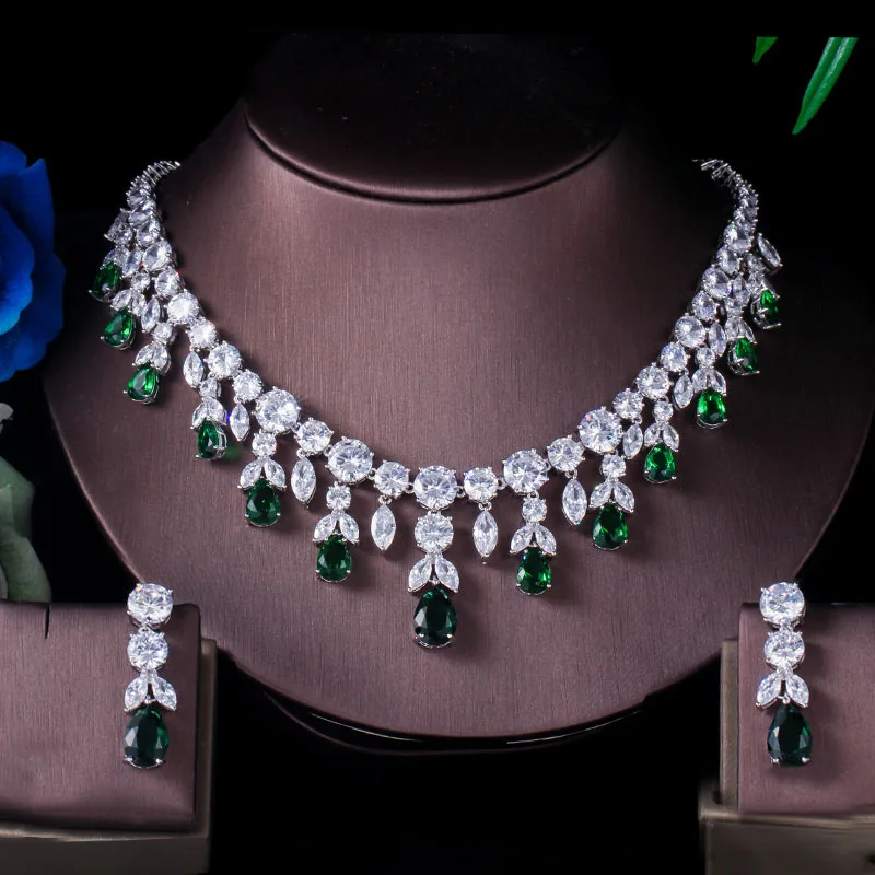Green Color ThreeGraces Роскошные зеленые CZ каменные комплекты из серег и ожерелий блестящие большие длинные капли свадебное платье набор украшений для женщин JS256 - Окраска металла: Green Color