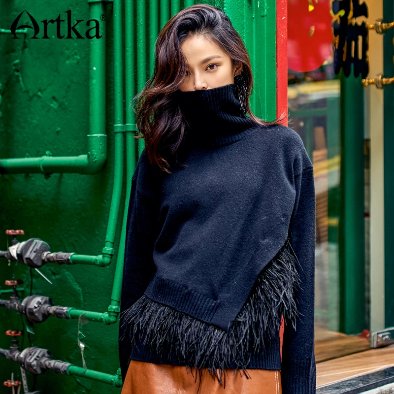 ARTKA 2018 New City Series Autumn&Winter Turtle Neck 80% Wool Removable Ostrich Fur Sweater JS17023 Женская одежда