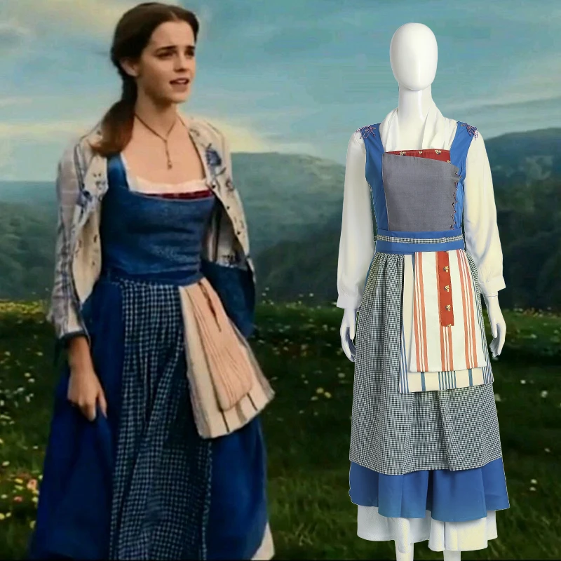 

Cosplay Adult Princess Belle Costume Halloween Beauty and The Beast Blue Maid Fancy Dress Costume Women Dresses Belle Necklace