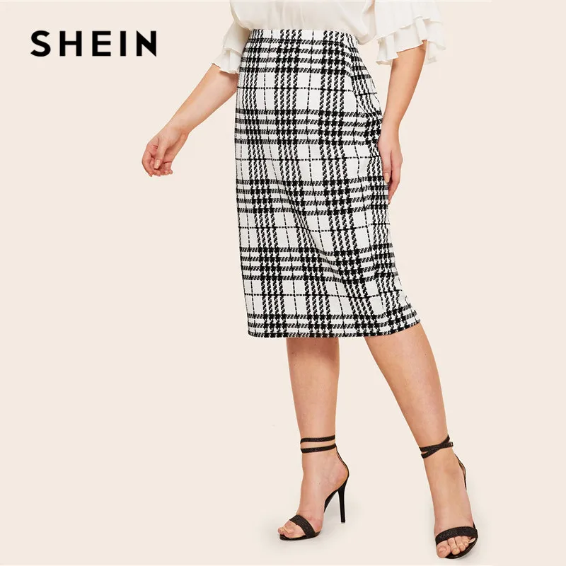SHEIN черная однотонная женская элегантная юбка-карандаш большого размера, весна-осень, Офисная Женская рабочая одежда, эластичная облегающая юбка до колен