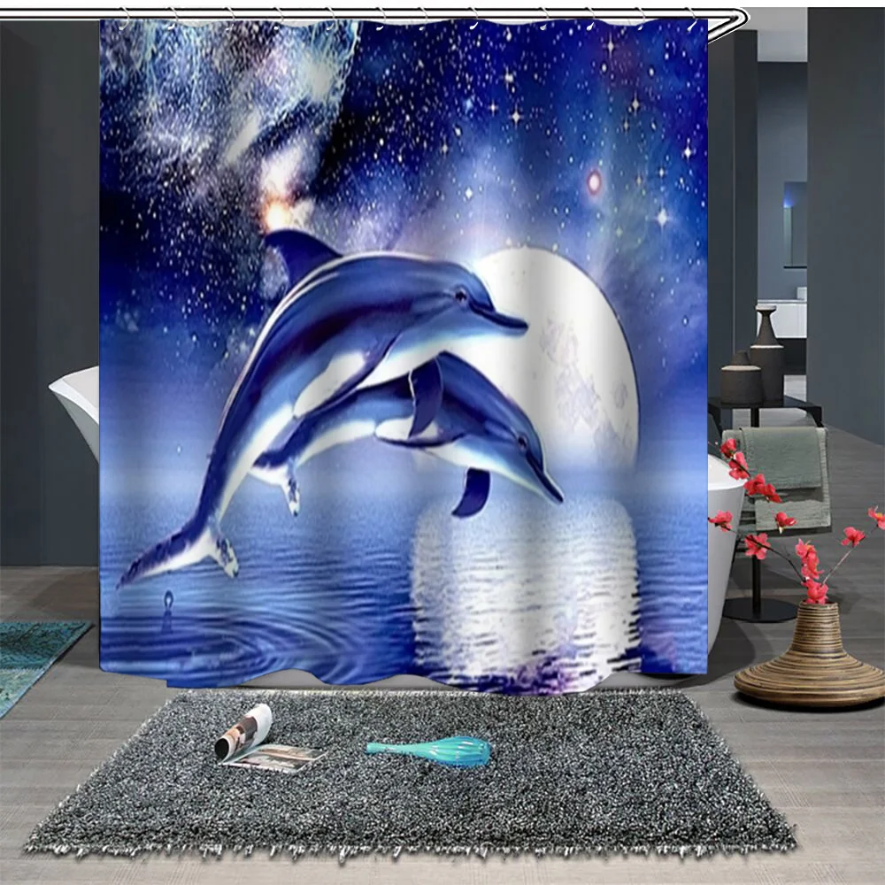 

Custom Made Shower Curtain Bathroom Curtain Partition 1.5 x 1.8m 1.8 x 1.8m 1.8 x 2m Sea Dolphin Fish Cloud Heart Moon Blue
