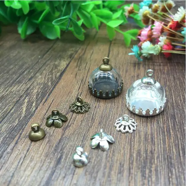 

100sets/lot 15mm glass dome antique bronze crown base flower beads cap set glass vial pendant handmade glass necklace pendant
