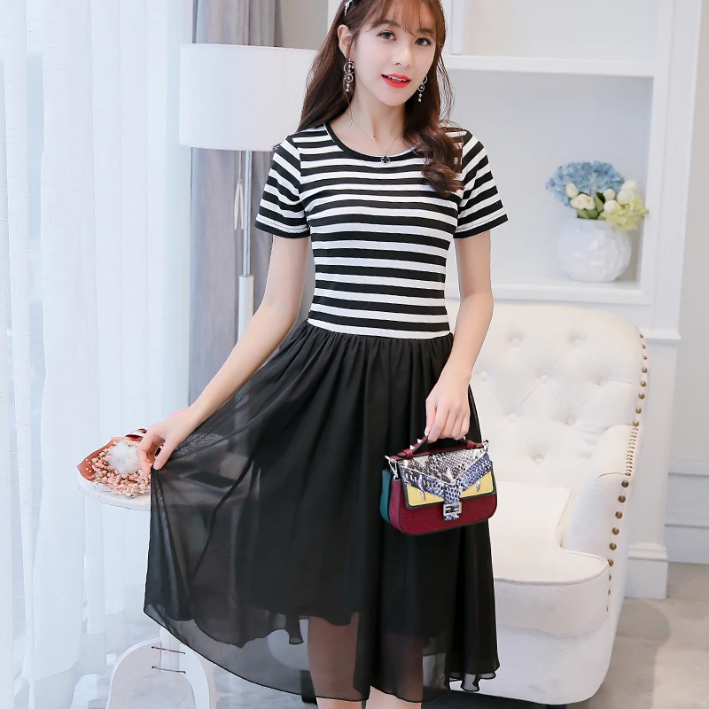 Платье с коротким рукавом в Корейском стиле женское модное тонкое платье полоску