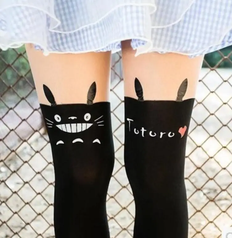 W024 totoro CUHAKCI, весенне-летние колготки, новинка, черные колготки с принтом, Эйфелева башня, хвост, пэчворк, Тоторо, тату, женские колготки, тонкие колготки - Цвет: W024 totoro