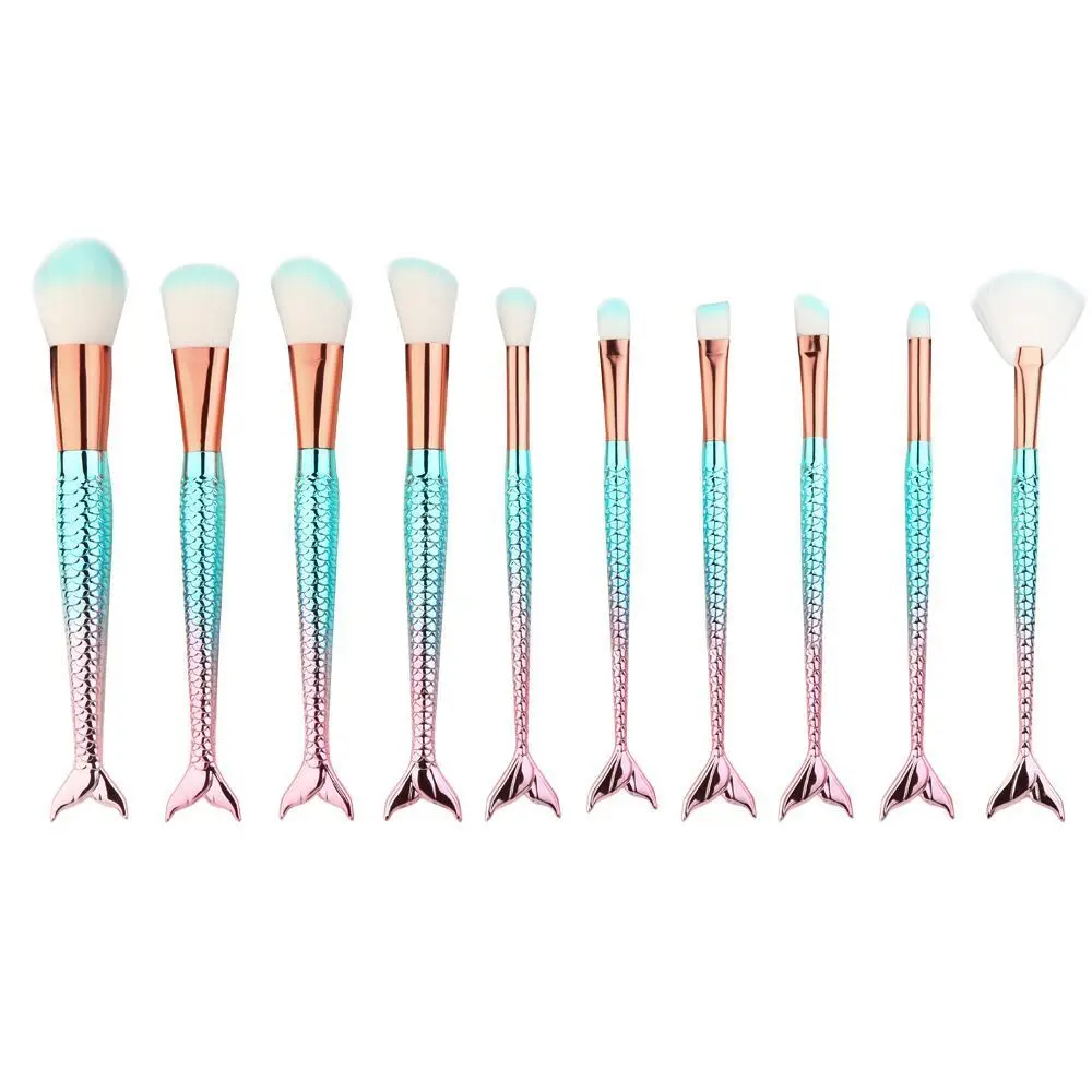 10PCS Pro Brushes 10 шт. Кисть для макияжа в форме русалки рыбья чешуя основа Пудра Тени для век Единорог кисти для макияжа контур Смешивание Косметические Кисти - Handle Color: 10PCS Pro Brushes