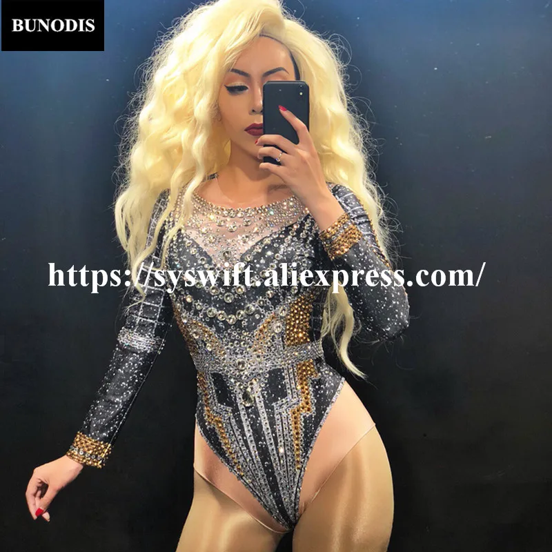 BU22301 Women Sexy Bodysuit &amp Coat Full Of Silver Gold Sparkling Crystals Clothing Nightclub Party Stage Wear Bling Costumes | Женская