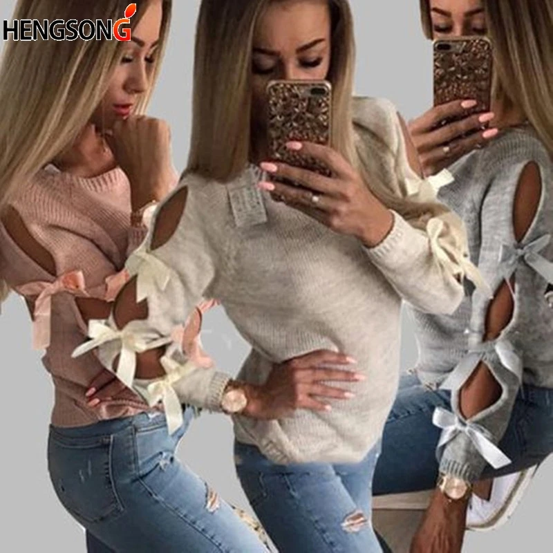 Женский свободный джемпер с бантом вязаный круглым вырезом и длинным рукавом
