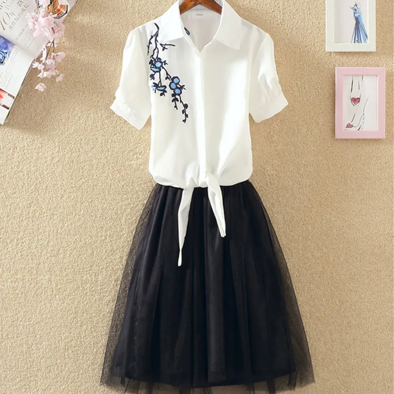 2 Pieces Tutu Dress Women Shirt And Sling Veil Suit Cute Mesh Vest Ballet Summer Blue White Princess Dresses | Женская одежда