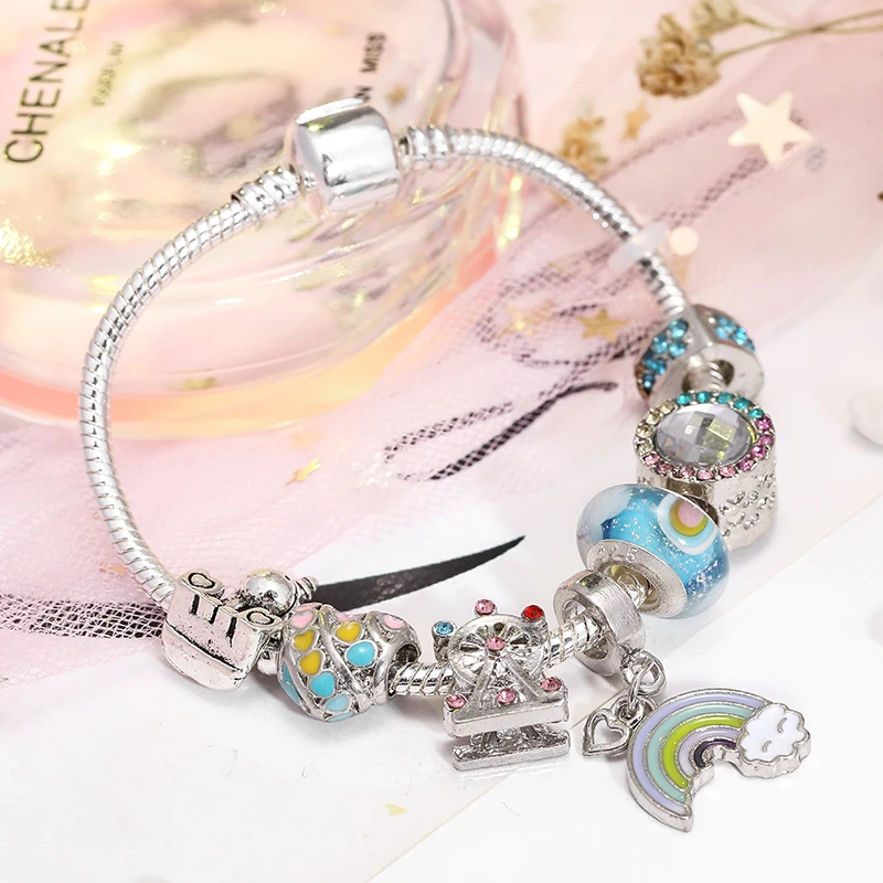 BAOPON аутентичный серебряный цвет браслет с единорогом Радуга любви бусы