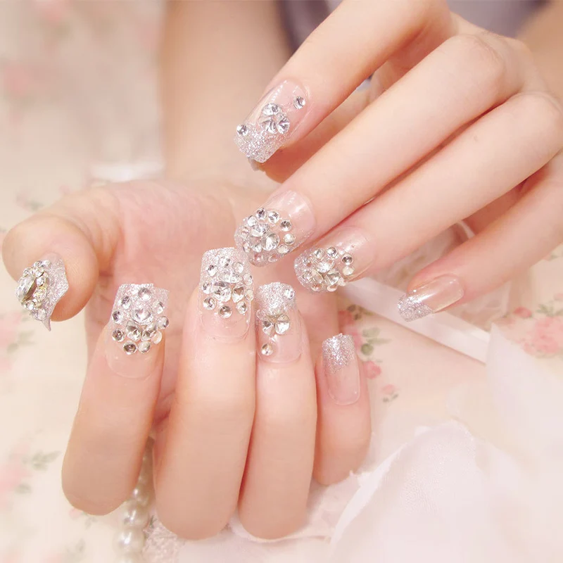24pcs/Set Silver False Nails Fashion Girls Press on Nail with Glue Shinny Crystal Rhinestones Full Artificial Finger Fake | Красота и