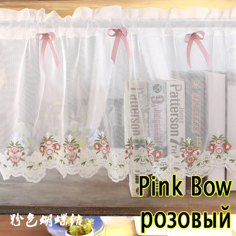 Pink Bow Вышитая Тюль Короткая занавеска для кухни зеленый/розовый бант Короткая занавеска для маленьких окон пасторальный Стиль Белый Тюль QT038#30 - Цвет: Pink Bow