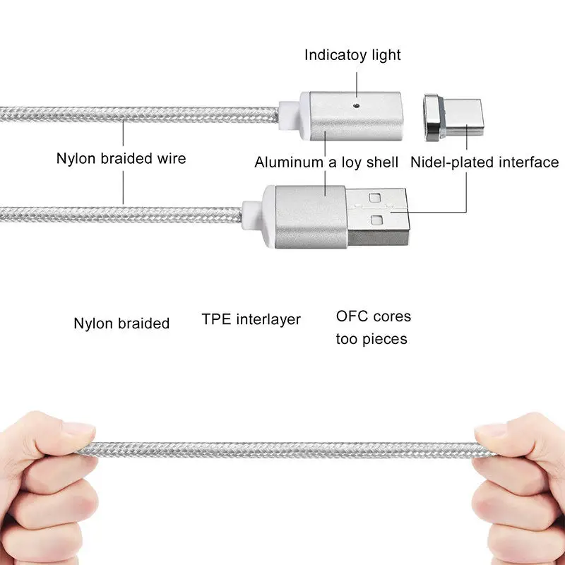 Магнитный зарядный кабель USB Type C 5 В 3 1 а светодиодный нейлоновой оплетке со