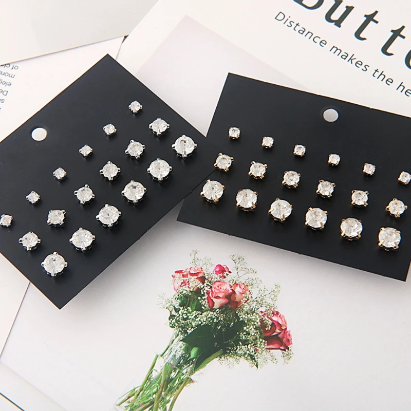 

9 Pairs Classic Round Cut Cubic Zirconia Stud Earrings Set For Women Jewelry