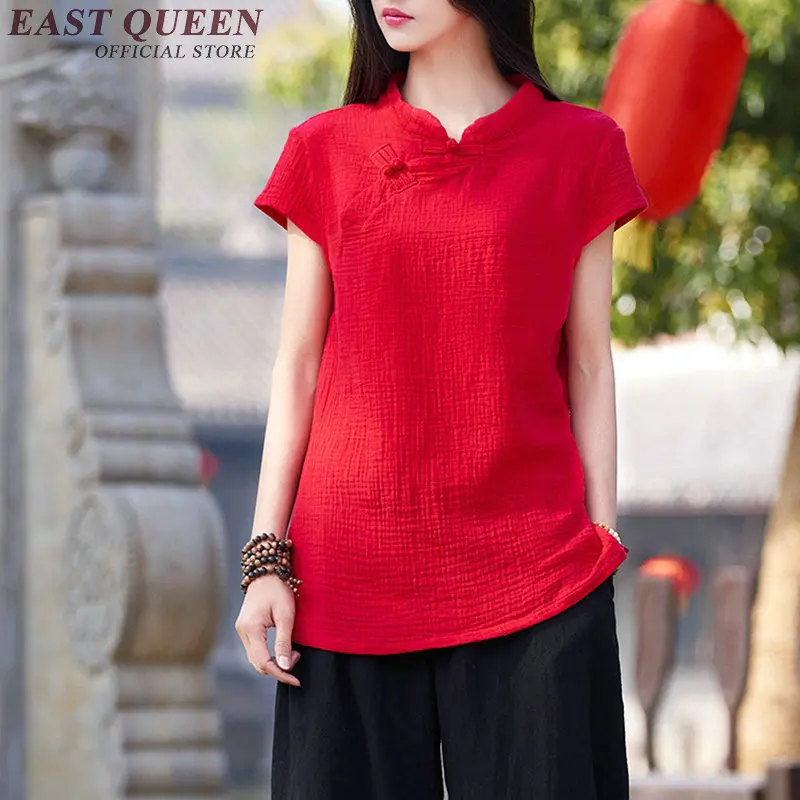 Женская льняная рубашка с коротким рукавом и воротником стойкой Cheongsam элегантная