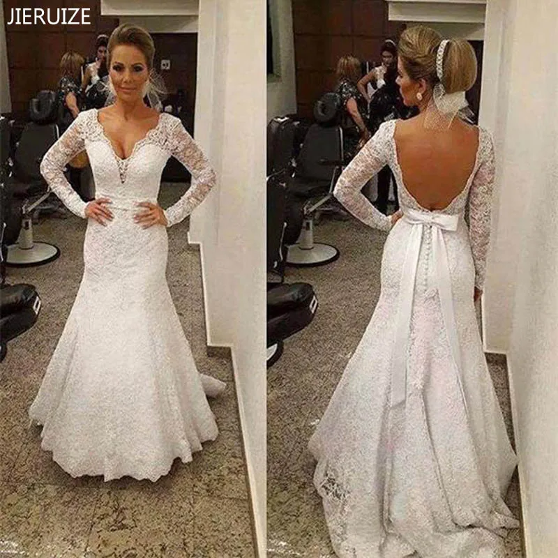 JIERUIZE белые винтажные кружевные свадебные платья русалки без спинки с длинным