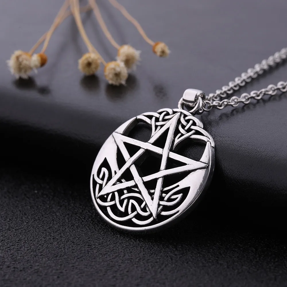 LIKGREAT Vintage Pentagram Round Pendant Necklace Celtics Knot Wicca Jewerly Hollow Pentacle Accessories Amulet Necklace