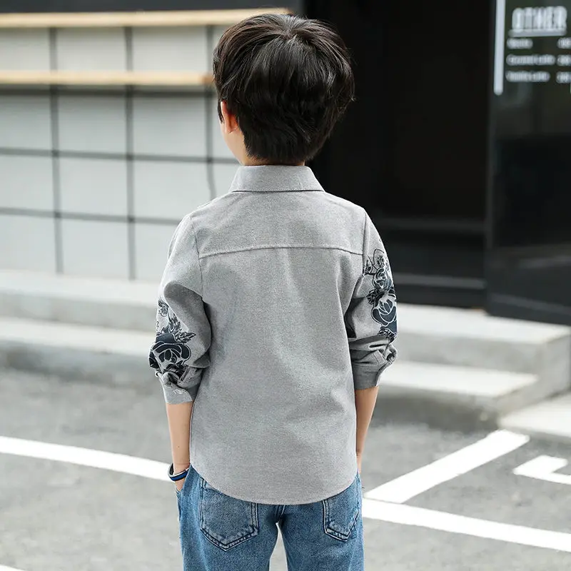 Рубашки для мальчиков подростков школьная рубашка с цветочным принтом серая