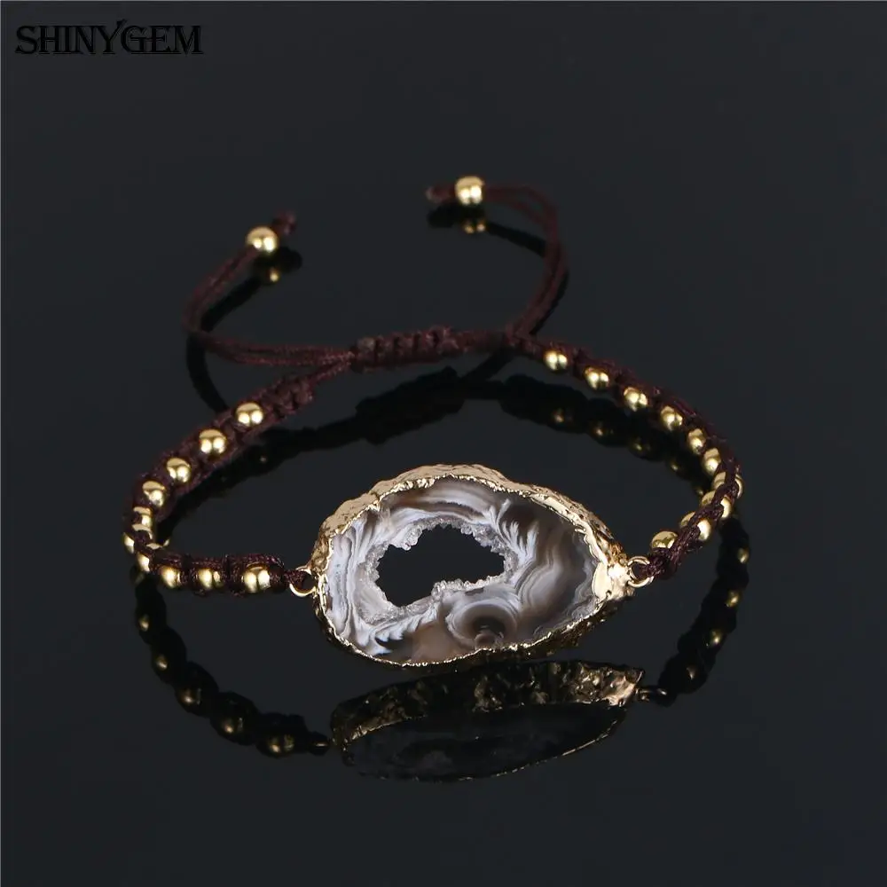ShinyGem неровные Агаты браслет золото/серебро обернутый Агаты ломтик браслет ручной работы Регулируемый камень браслеты для женщин