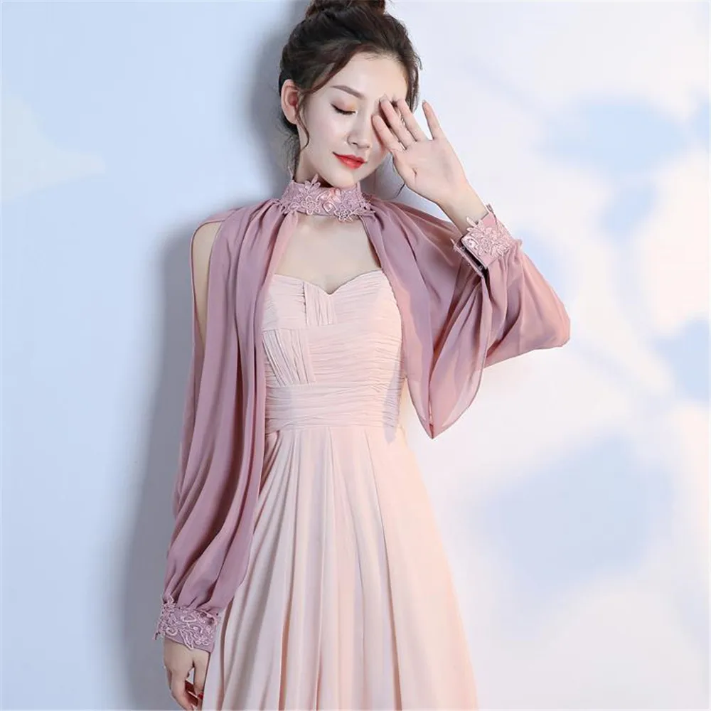 blush pink Стиль шифоновая Свадебная накидка куртка шаль, болеро Для женщин одежда с длинным рукавом с лямкой через шею кружевной ткани для платья - Цвет: blush pink