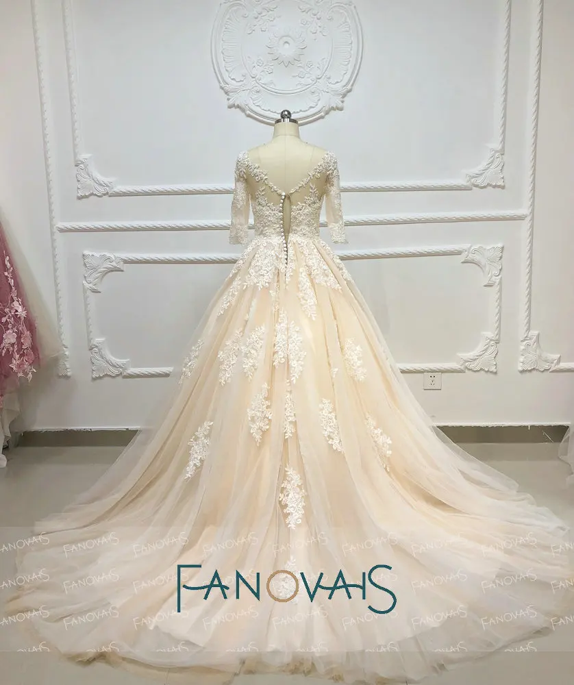 Champagne Wedding Dresses Long Sleeves Ball Gown Vintage Lace Gowns Vestido De Novia Plus Size Robe Mariee Pearls | Свадьбы и