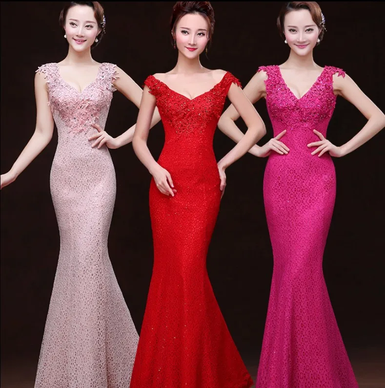 

2019 Free shipping Red Lace V-neck Party Gowns Formal Long Evening dresses vestido de festa abiti da sera robe de soiree TK765