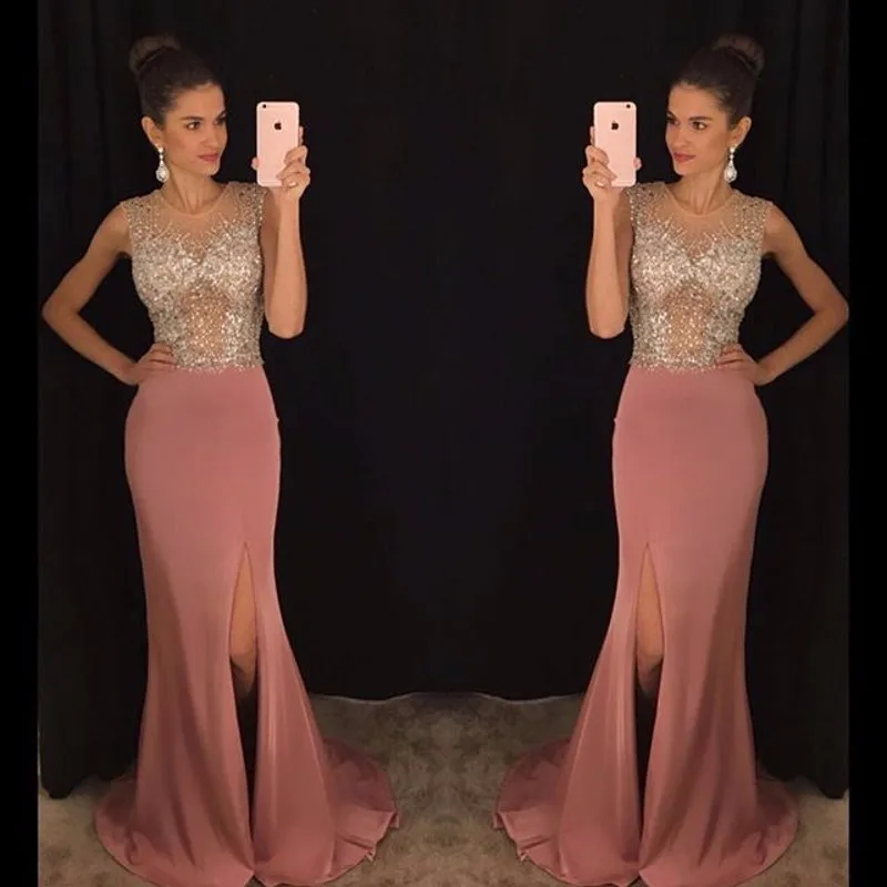 

Amazing mermaid sleeveless crystal ball gown 2016 death FG456 chiffon beads seam floor length Vestido De