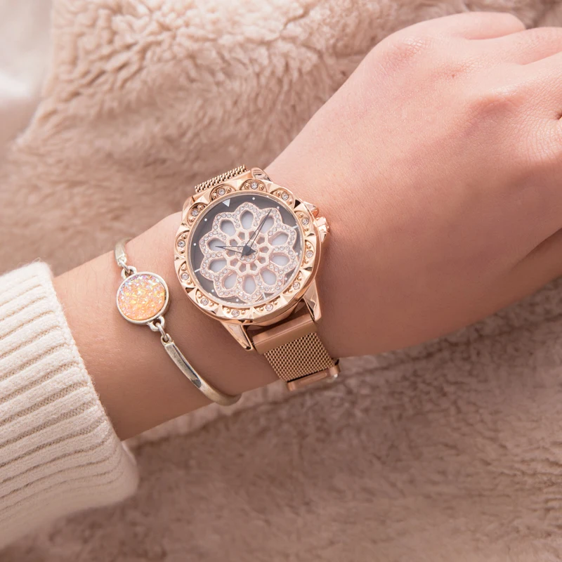 Новый креативный дизайн магнитные часы с пряжкой женские вращением на 360