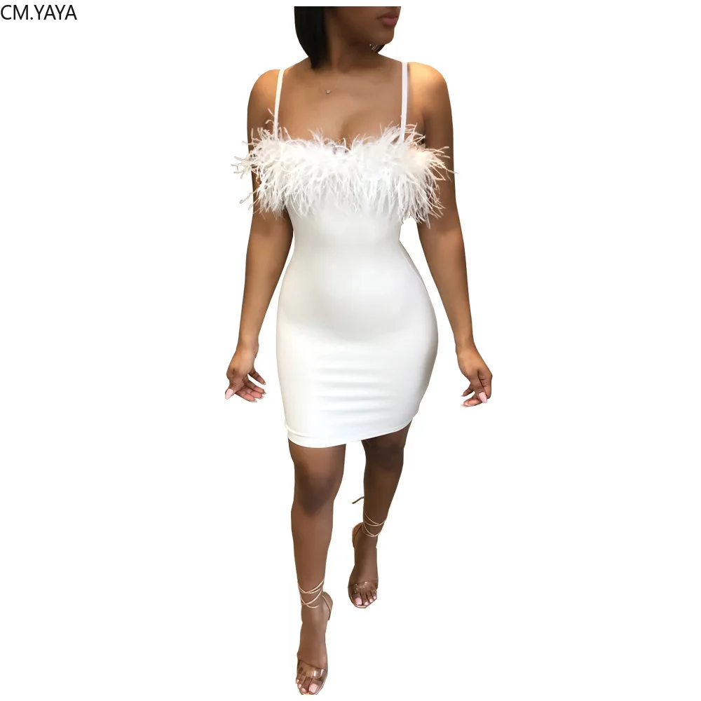 Женское летнее облегающее мини платье на бретелях спагетти с перьями