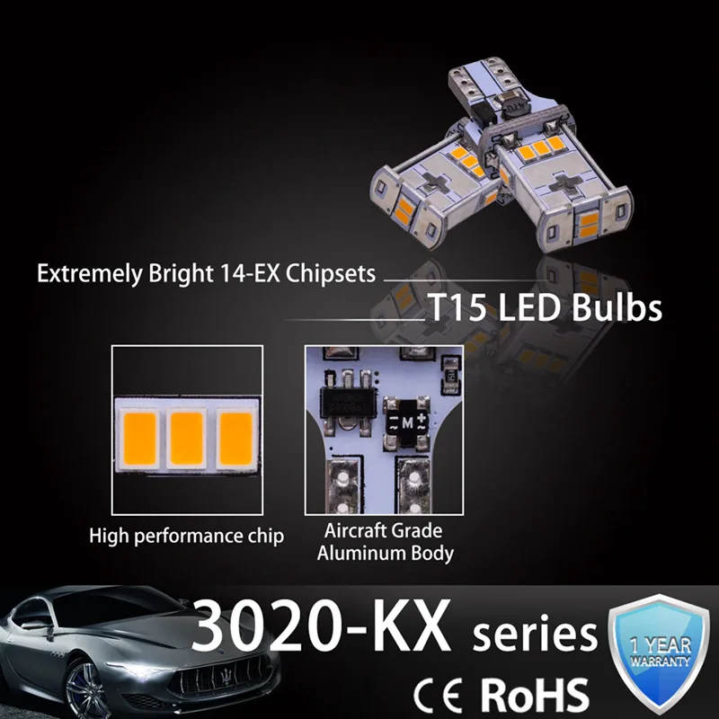2 шт. T15 W16W светодиодные лампы теплый белый CANBUS без погрешности для ширины боковых