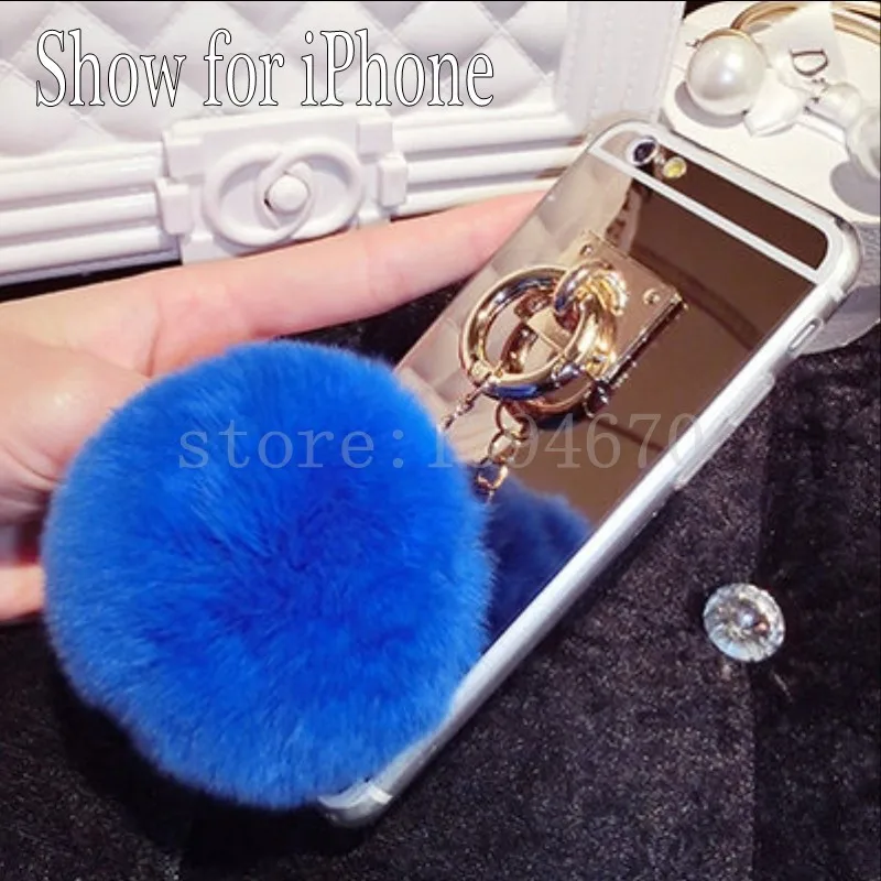 Gold Blue Ball Для iPhone 11 Pro XS MAX XR 6 6S 4 5 5S 5G SE 7 8 S X plus 6plus 7P чехол с зеркальной кисточкой Мягкий Пушистый Теплый искусственный мех кролика помпон - Цвет: Gold Blue Ball