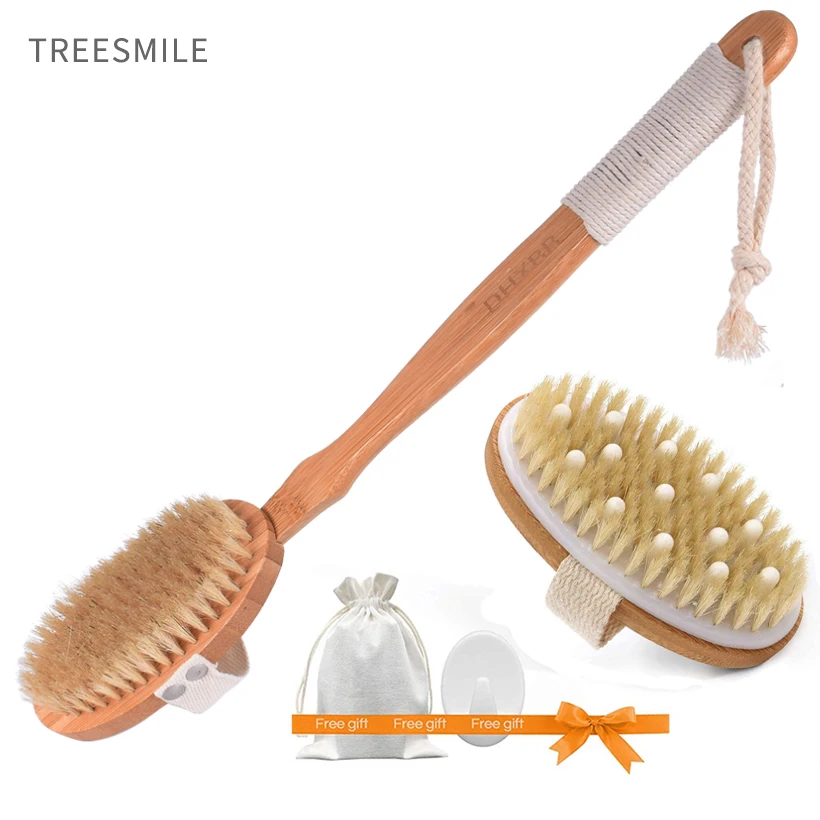 

TREESMILE Bath Brush Exfoliating Brush with Massage Knots Detachable Handle Natural Bristle Bath Brush Body shower brush D40