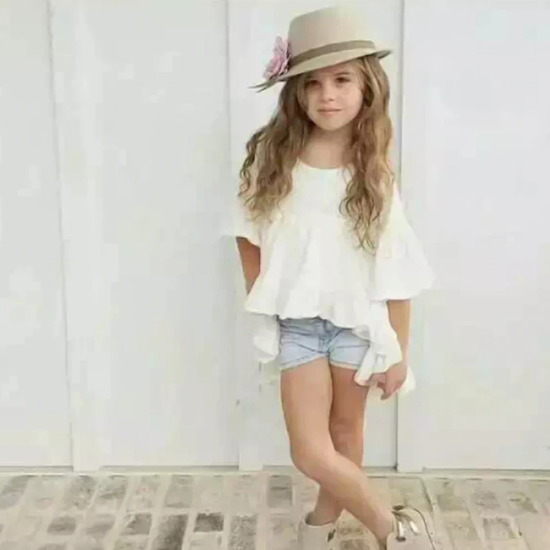 2016 девушки малышей одежда фея стиль морщин оборками три четверти рукавами