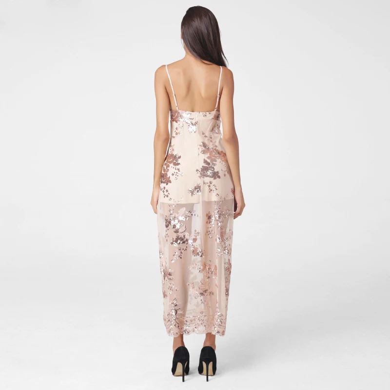 Слинг Платье Женские V Шеи Спинки Блесток Марля Прозрачный 2 слой Высокого Сплит