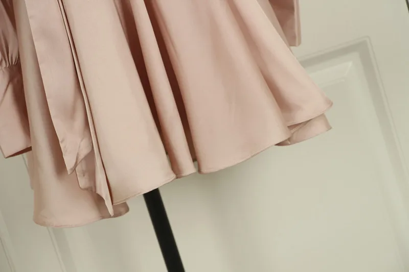 Elegant Silk Satin Dress Women Sexy V Neck Lantern Sleeve Ruffle Sash Mini Wrap Dress Ladies A Line Long Sleeve Dress Vestido