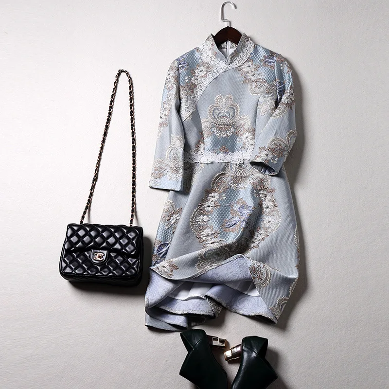 Новинка весны женское улучшенное тонкое кружевное Мини Qipao воротник стойка элегантное вечернее платье вышивка цветок трапециевидный Чонсам Vestidos