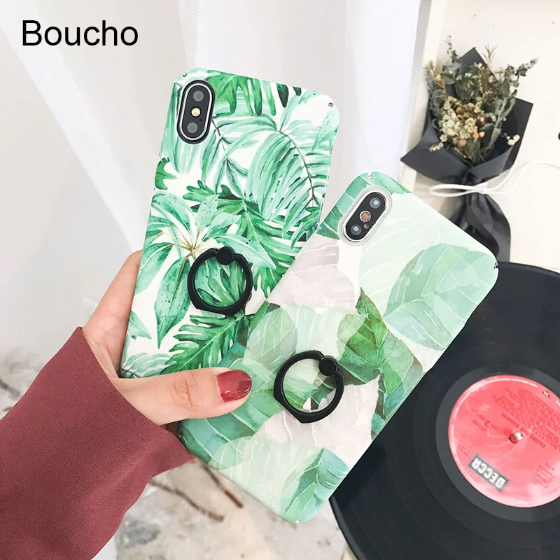 Boucho For iphone X Cases Fashion Artistic Leaf Matte Hard Plastic Ring Grip Phone Case iPhone 6 6s 7 8 Plus Back Cover |