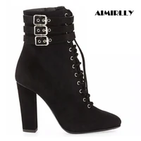 Women's Shoes Round Toe Block Heel Ankle Boots Lace Up Ankle Buckle Booties Black Faux Suede Ladies Autumn Winter Footwear