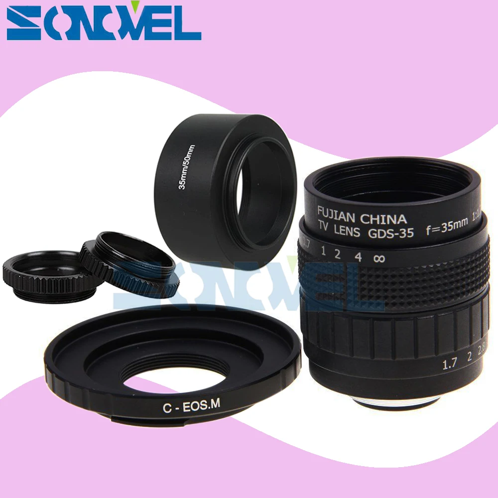 

FUJIAN 35mm F1.7 CCTV TV Movie lens+C Mount +Macro ring +Metal lens hood for Canon EOS M M2 M3 M5 M6 M10 M100 Mirrorless Camera