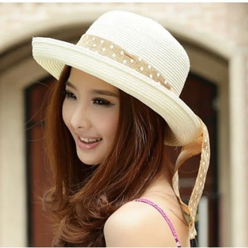 

Travel Beach Hat Streamer Fashion Summer Women Bowknot Oversized Dot Seaside Female Accessories Adornment