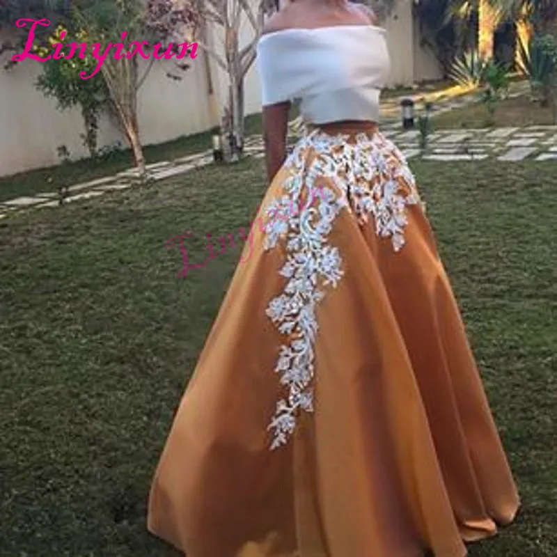 

Linyixun Vintage Satin 2018 Two Pieces Prom Dresses Off Shoulder Short sleeve Gold Floor Length Formal Evening Party Dresses