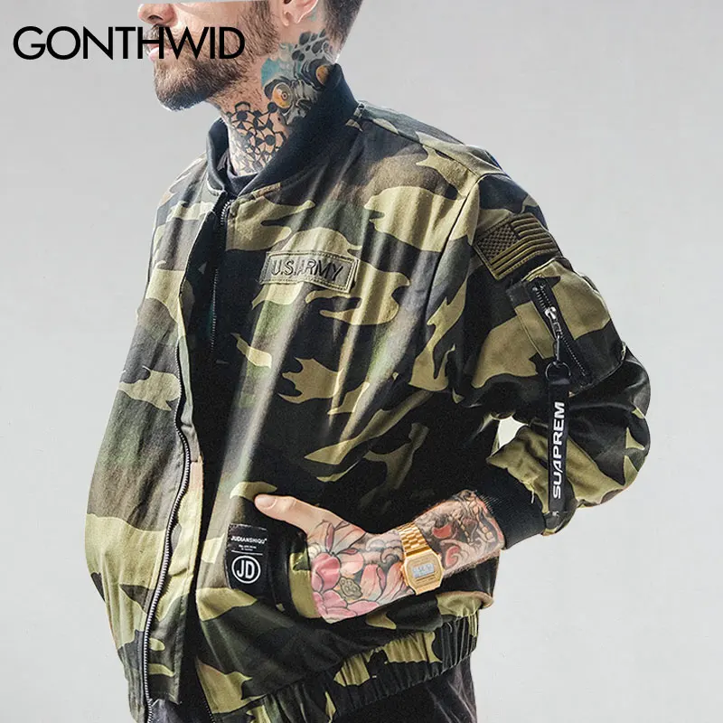 GONTHWID 2019 Мужская камуфляжная куртка бомбер с вышивкой на молнии военная армейская