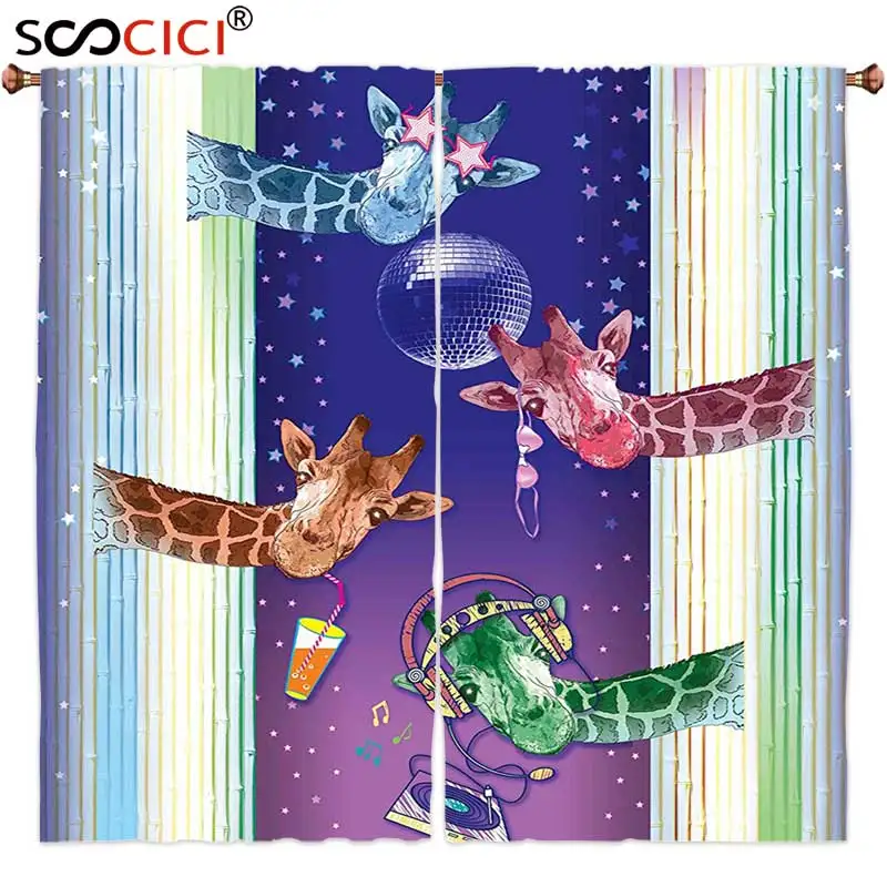 Window Curtains Treatments 2 Panels Animal Giraffes in a Disco Party Cool Gang with Glasses Music DJ Drinks and Stars Artwork | Дом и сад