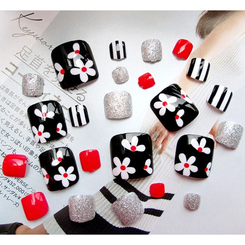 24pcs Artificial Fake Toe Nails Flower False Nail Tips For Summer Holiday J31 | Красота и здоровье