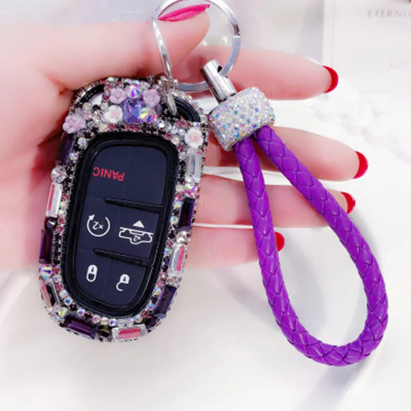 Purple rope Автомобильный чехол для ключей роскошный Алмазный Блестящий держатель для ключей сумка для Dodge Journey charger Jeep Renegade Grand Cherokee Chrysler 200 300 - Название цвета: Purple rope