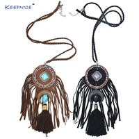 new boho chic beads moon crescent pendant necklace black cotton tassel pendant leather fringe stone pendent necklace