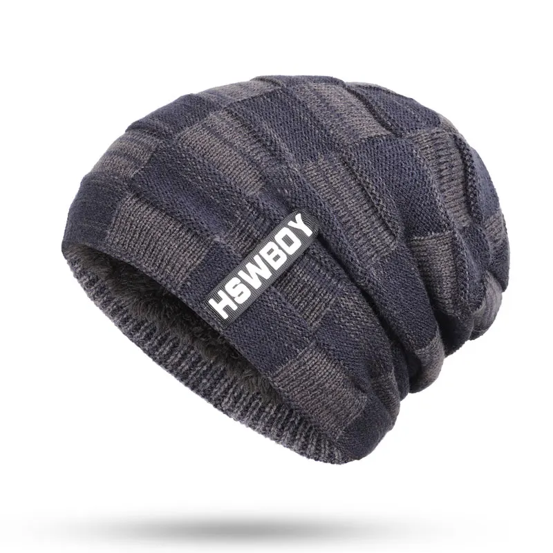 Navy B Skullies новые мужские вязаные бархатные толстые зимние шапки теплые и удобные регулируемые унисекс Изысканные кожаные брендовые шапки бини - Цвет: Navy B